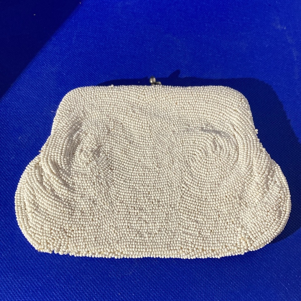 Vintage White beaded Bag by Debbie, Made in Japan. 6.5” x 5”.